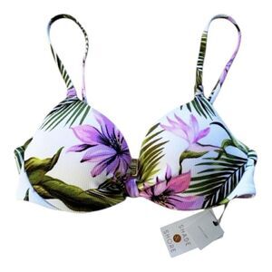 Shade & Shore 32B Bikini Top White Purple Green Floral Tropical Swim Underwire